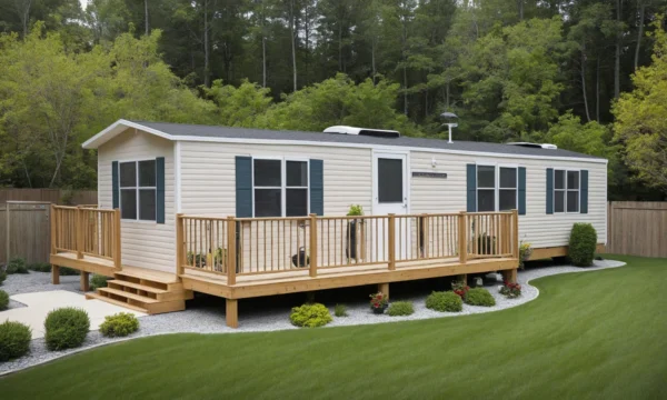 Manufactured home with a wrap around porch and green lawn